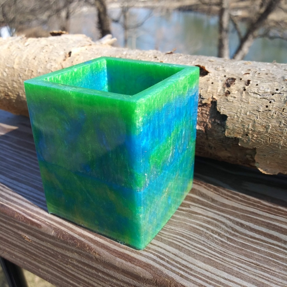 Green Blue Pen Holder Resin Art Work Home Cube Handmade Organizer Gift wfh